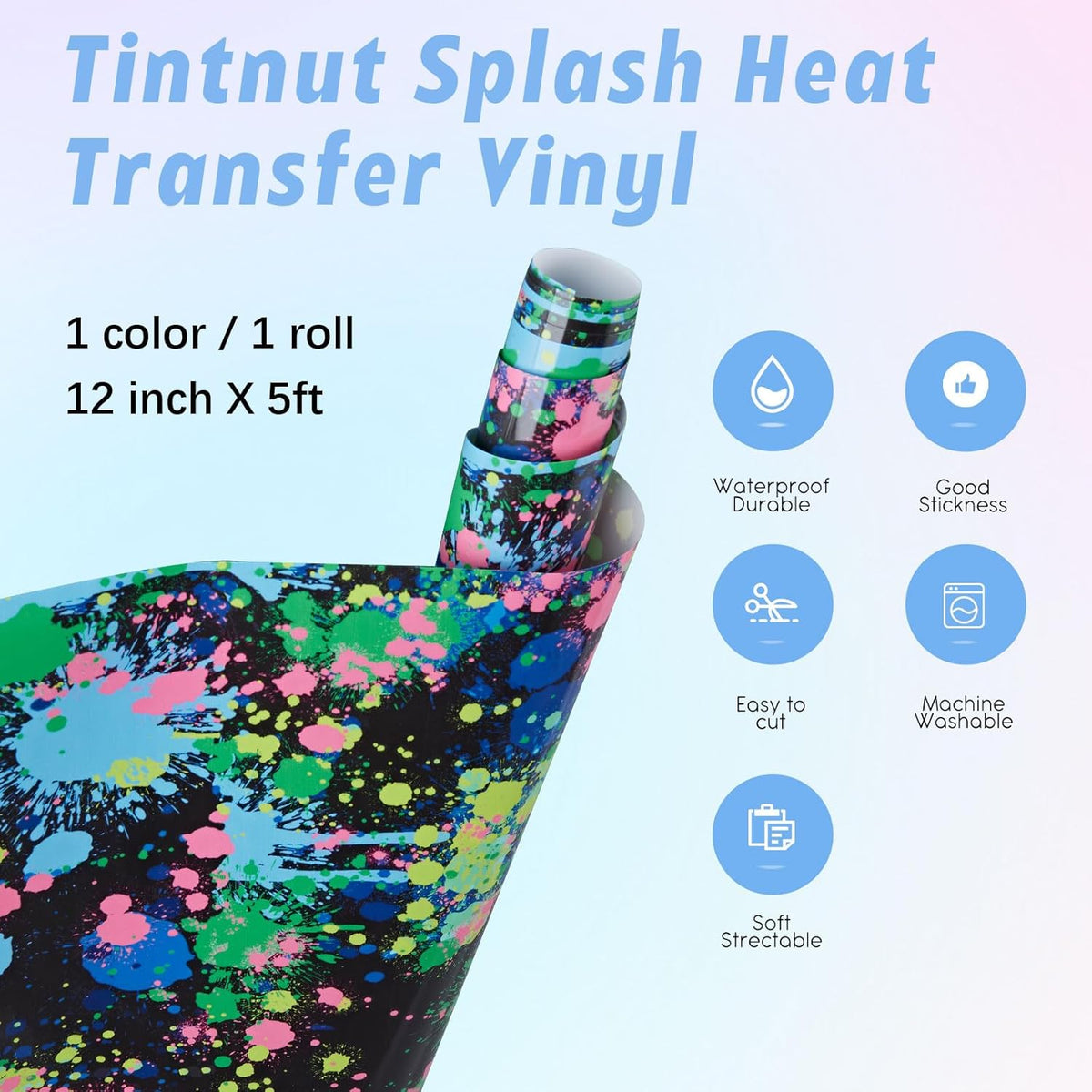 Tintnut Splash Heat Transfer Vinyl Roll - 12 Inch x 5ft Blue Watercolor Ink Patterned HTV Splatter Iron On Vinyl DIY T-Shirts Hats Clothes Canvas Bags for Cricut or Silhouette Cameo