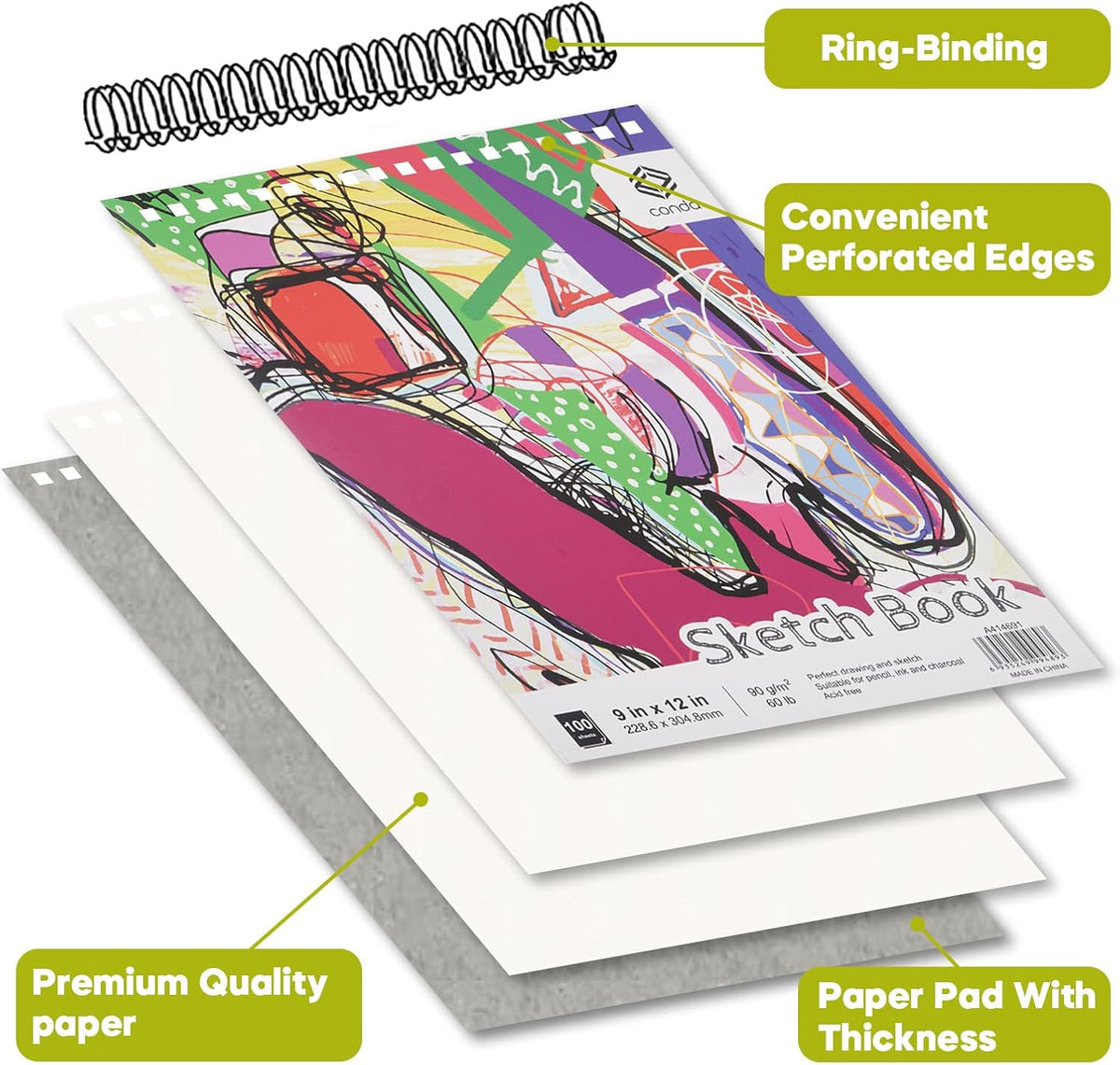 CONDA 9 x 12 Inch Sketchbook, Top Spiral Bound Sketch Pad, 100 Sheets (60 lb/90 GSM), Durable Acid-Free Sketch Paper, Drawing and Sketching Paper for Kids Adult Beginners