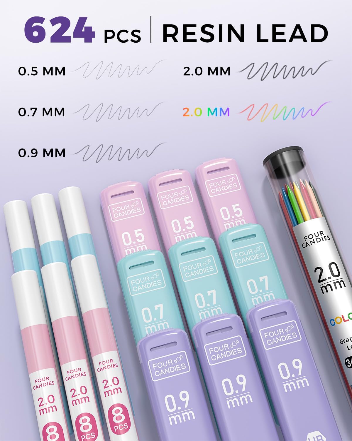Four Candies 36PCS Aesthetic School Supplies, Mechanical Pencil Set 0.5mm, 0.7mm, 0.9mm & 2.0mm with 624 Lead Refills, Back to School Supplies for Writing & Drawing, Ideal Stationary Set Gift (Purple)