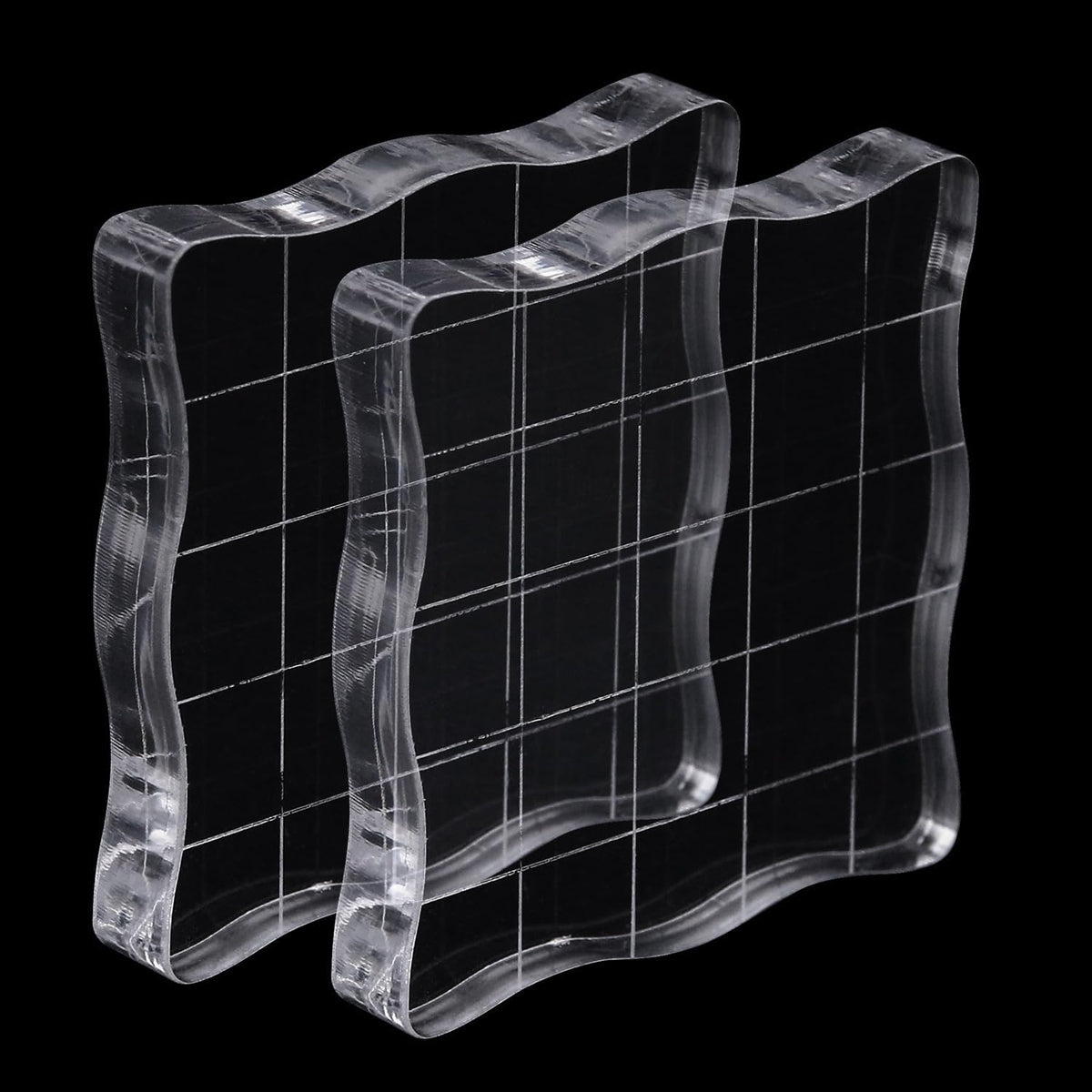2Pcs Clear Stamp Blocks Set, 2 x 2 Inch Wave-Like Acrylic Blocks for Stamping With Grid Lines - Scrapbooking Crafts Tools
