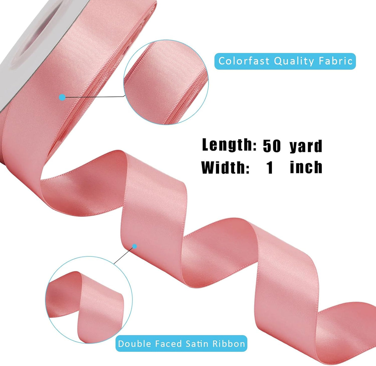 LaRibbons 1 Inch 50 Yard Double Faced Satin Ribbon,Dust Pink Satin Craft Fabric Ribbon for Gift Wrapping Floral Bouquets Wedding Party Decoration