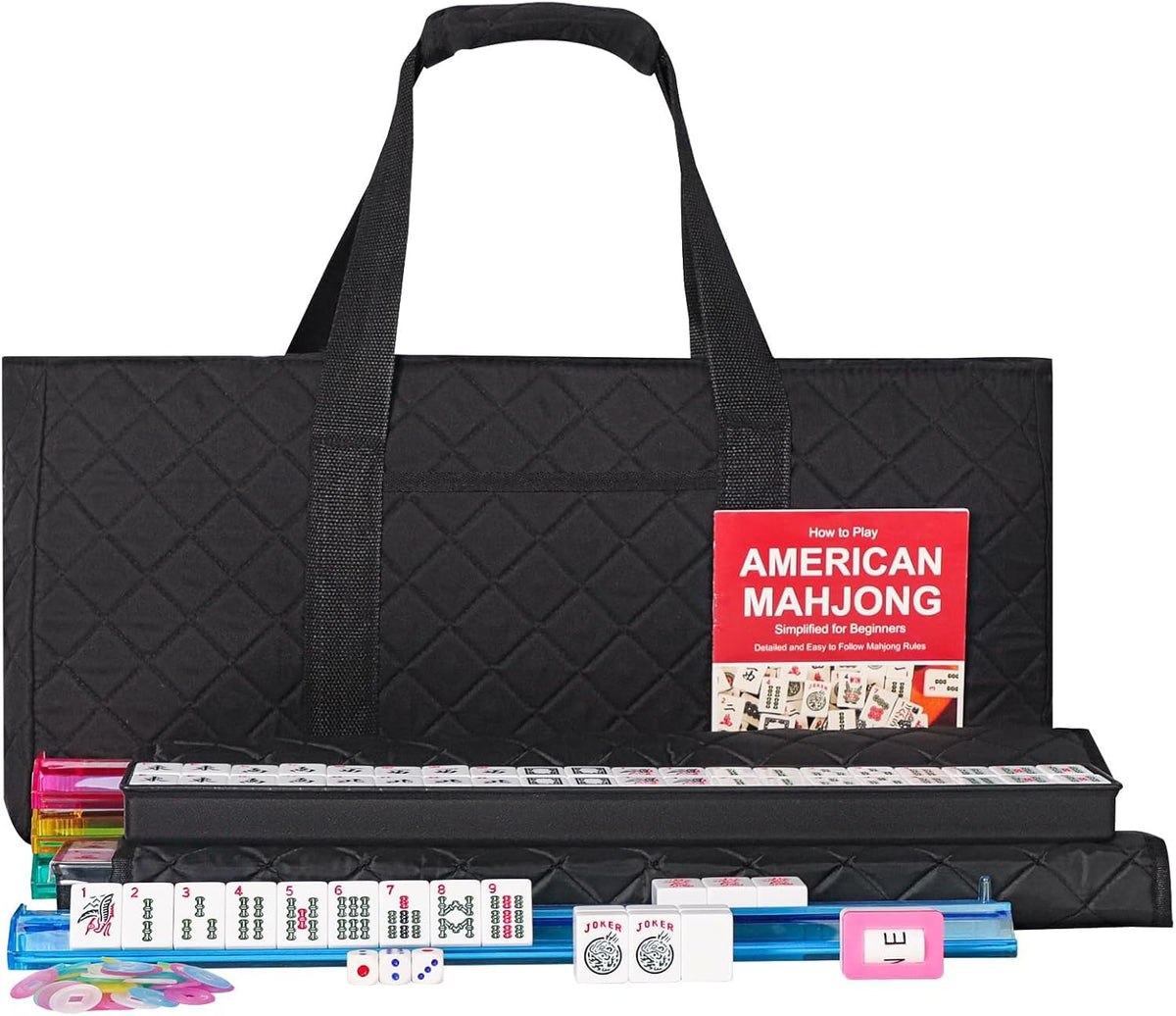 ZGME American Mahjong Set,166 White Tiles with Black Rectangular Bag and Accessories,4 All-in-One Mahjong Racks with Pushers,Complete Western Mahjong Set