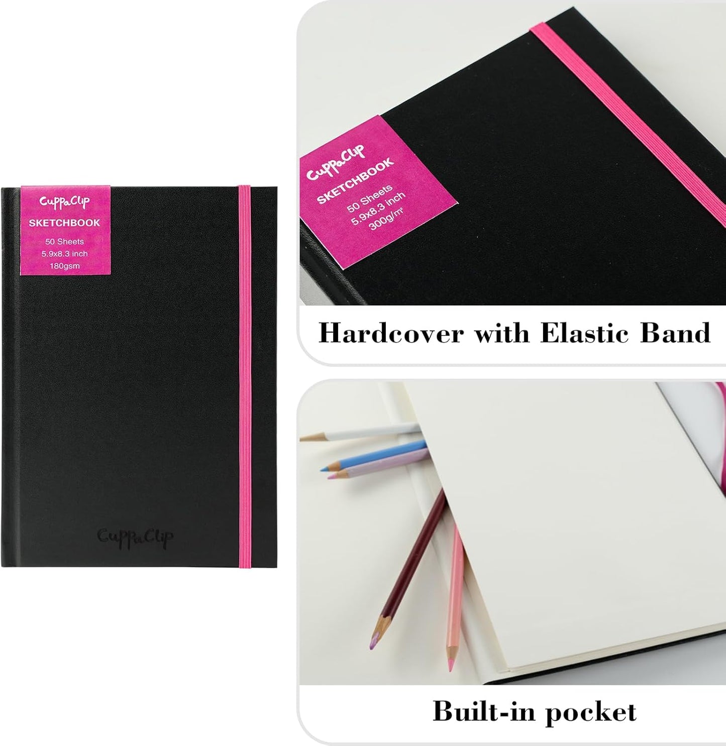 CuppaClip Sketch Book Hardcover Drawing Pad 300GSM Acid-Free Paper Spiral Bound Sketchbook 50 Sheets/100 Pages Art Supplies (Hardcover, 5.9x8.3in)