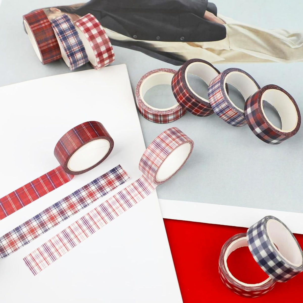 12 Rolls Basic Grid Washi Tape Set, Red Blue White Plaids Decorative Paper Stickers for Thanksgiving Christmas Independence Day Scrapbook Journaling DIY Art Crafts Gift Wrapping 16.4FT
