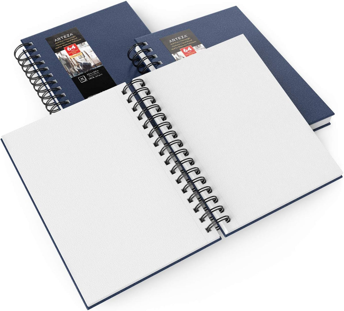ARTEZA Watercolor Sketchbook Set,3-Pack,64 Pages per Book,5.5 x 8.5 Inches,Blue Hardcover Spiral Notebooks,140-Pound Premium Watercolor Paper for Artists