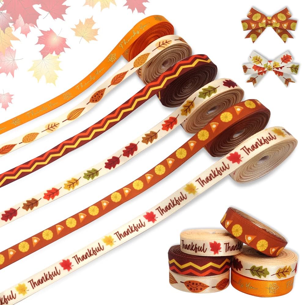 6 PCS Thanksgiving Fall Ribbons - 3/8'' Width Pumpkin Orange Satin Metallic Words Maple Leaves Craft Ribbons for Gift Wrapping & Decorations