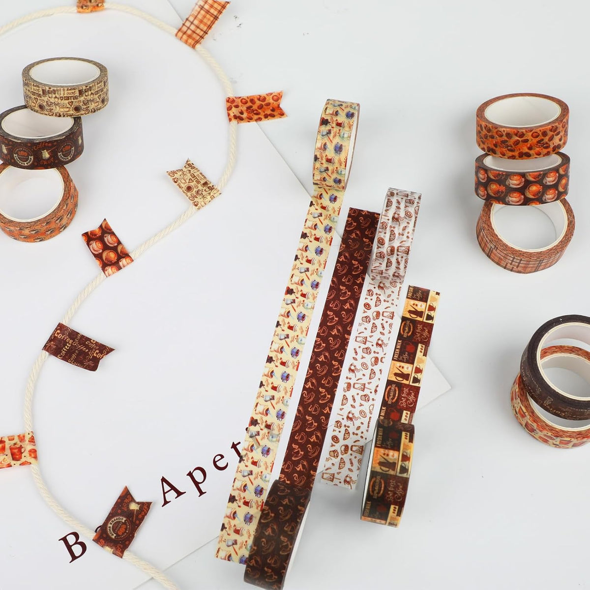 12 Rolls Coffee Washi Tape Set, Vintage Coffee Decorative Tapes, Retro Brown Watercolor Cafe Masking Tape for Journaling, Scrapbooking, Planner, DIY Arts Crafts Supplies, Gift Wrapping 16.4FT