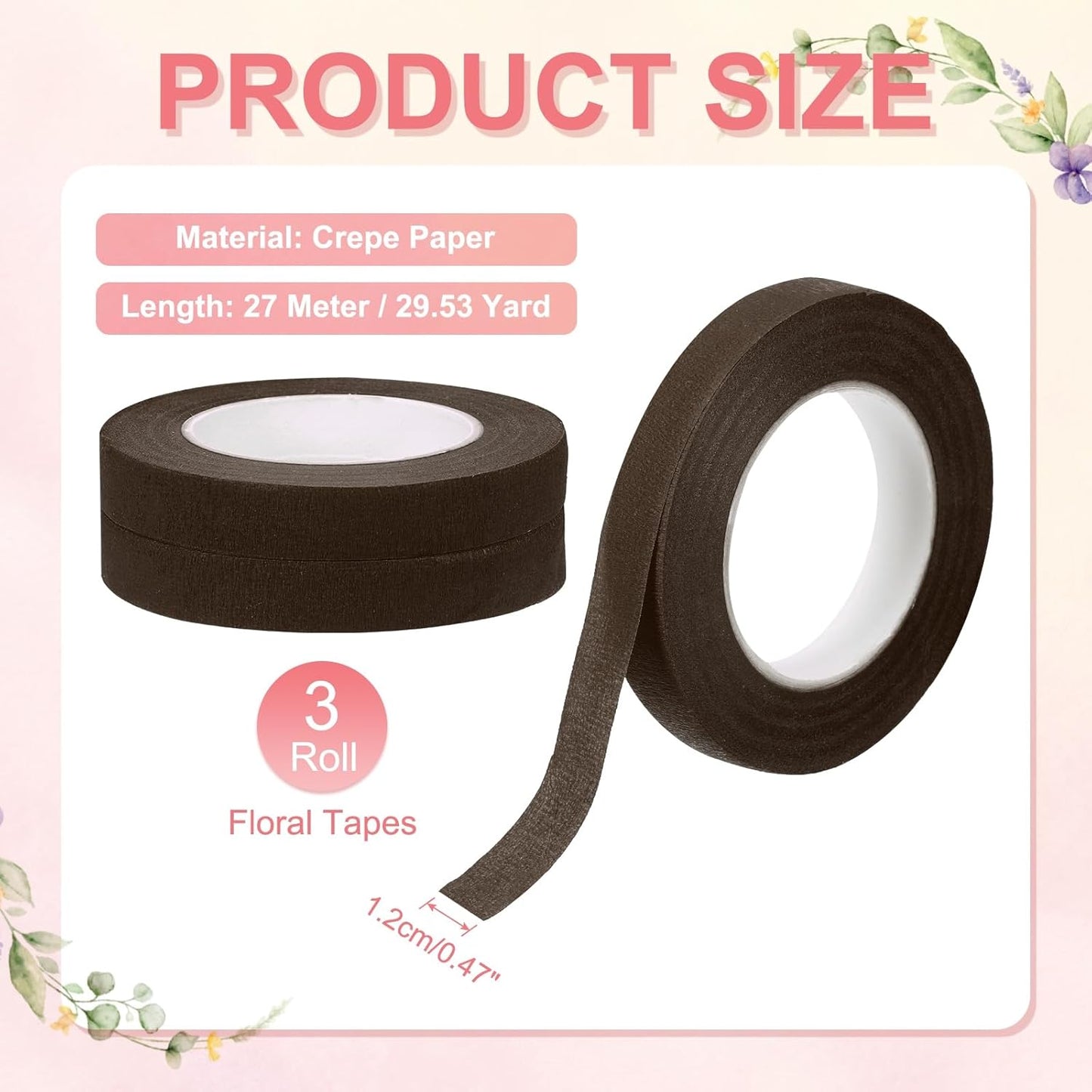 MECCANIXITY 3 Rolls Floral Tapes, 30 Yard x 1/16 in Florist Crepe Flowers Bouquets Tape Adhesive Waterproof for Flower Arranging Wrapping, Dark Brown