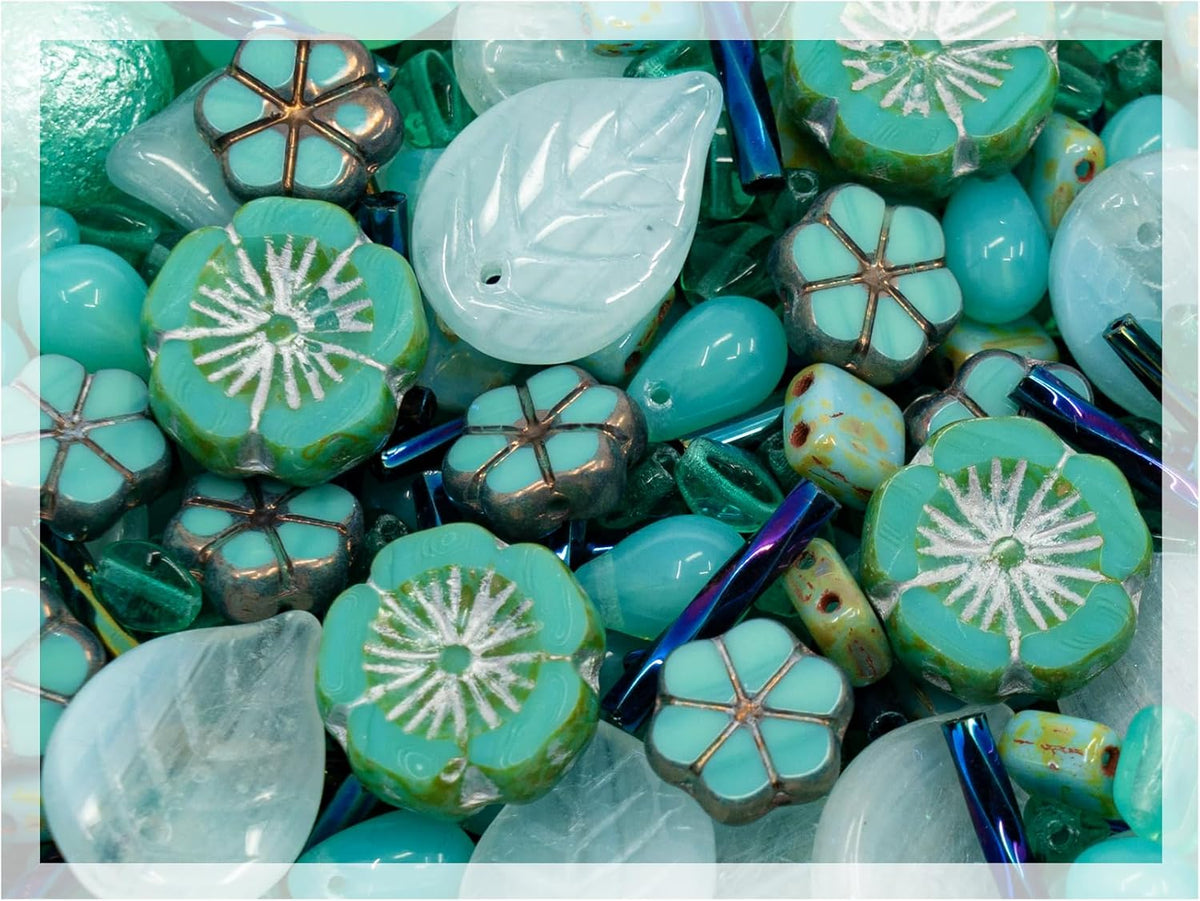 2.1oz (60 g) Mix of Unique Czech Bohemia Glass Pressed Beads, Rocailles, Opaque Turquoise Green Copper Crystal Silver, Matte and Glossy, Hand Made BCV