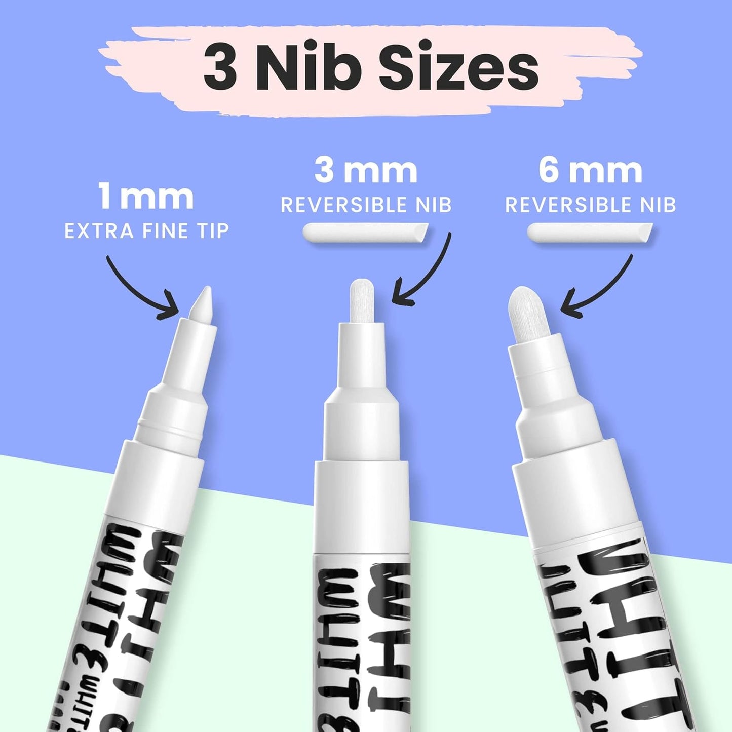 Chalkola White Chalk Markers - White Dry Erase Liquid Chalk Pens for Chalkboard, Blackboard, Window, Bistro, Car Glass, Board, Signs - Variety Pack of 6 - (2x) 1mm, 3mm & 6mm
