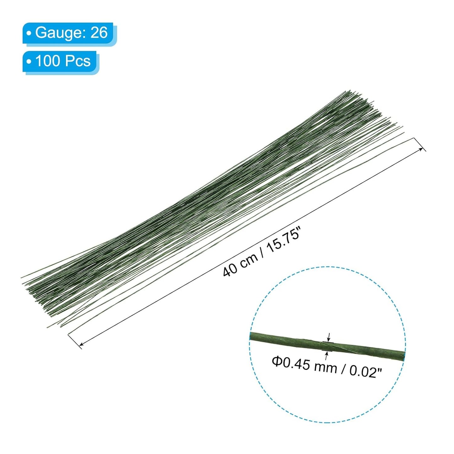 PATIKIL 26 Gauge 16" Floral Stem Wire, 100 Pcs Paper Wrapped Iron Artificial Flower Stem Accessories for DIY Bouquet Stem and Craft Decoration, Dark Green