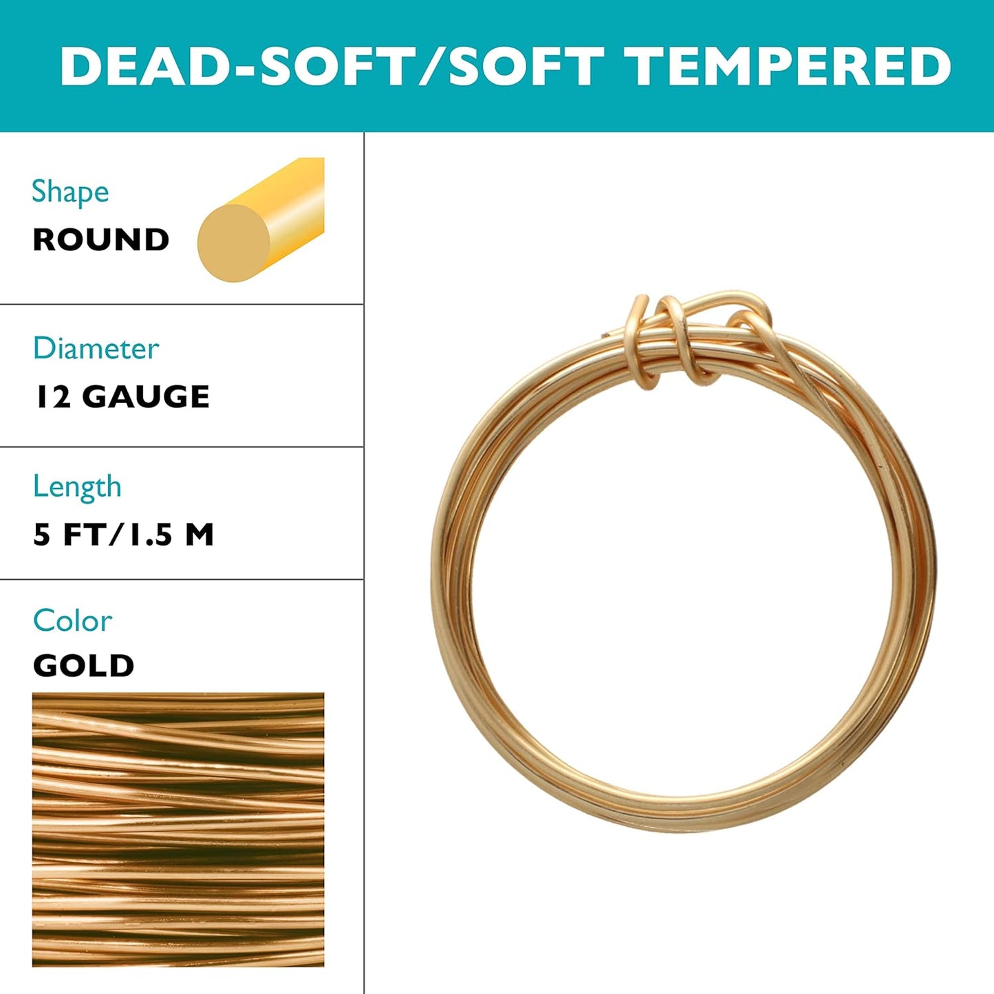 The Beadsmith Wire Elements Craft Wire – Tarnish Resistant, Soft Temper, Round, Gold Color – 2.0mm, 12 Gauge, 5 Foot Spool – Jewelry Making, Wire Wrapping, Floral, & Other DIY Crafts