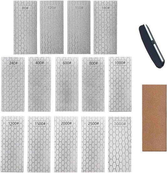 14 Pcs Diamond Sharpening Stone, with Angle Guide and Leather Strop, Knife Sharpener Stone Whetstone Honeycomb Surface Plate with Non-slip Base for Pocket Knives Scissors