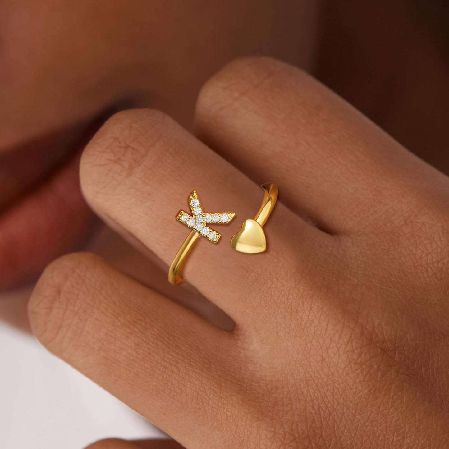 Gold Initial Rings for Women Girls, Dainty 14K Gold Plated Adjustable Initial Rings Cute Heart Zirconia Ring for Women Teen Girl Gifts