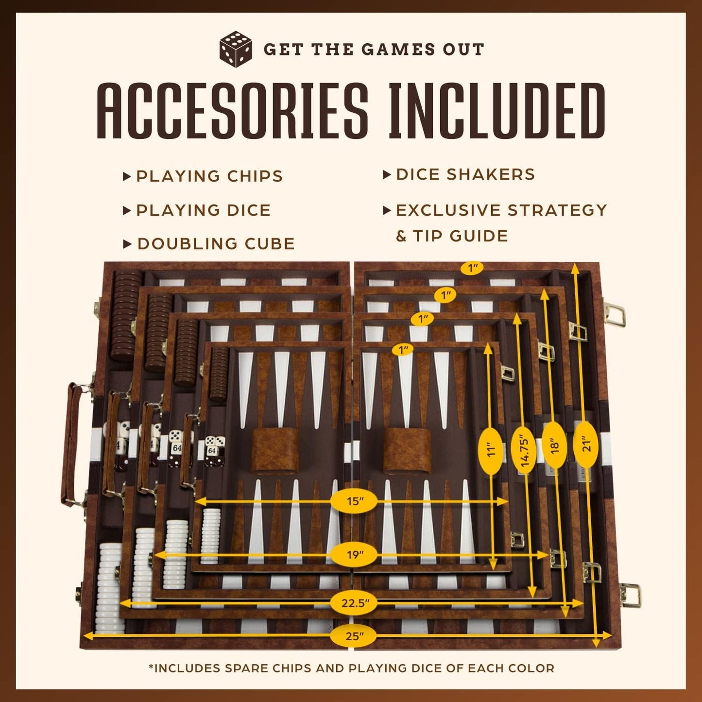 Get The Games Out Backgammon Set, Classic Board Game Case, 2 Players, Includes Strategy & Tip Guide, Perfect for Parties and Family Game Nights - Extra Large, Brown
