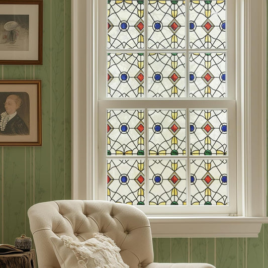 3D Stained Glass Window Film, Decorative Window Privacy Film for Bathroom,Front Door,Home, Sun Blocking Heat Control,Static Cling,Jewels, 23.6inch x 35.4inch