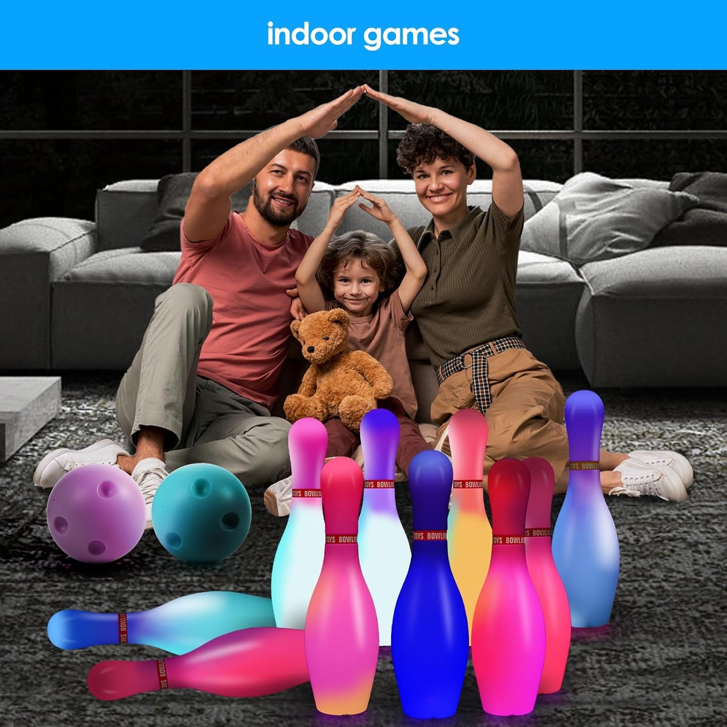 Light Up Bowling Set, Glow in The Dark Bowling Balls & Pins for Outdoor and Indoor Kids Games Fit Christmas Birthday Party Lawn Yard Carnival Games, Kids Education Motor Skills Toys