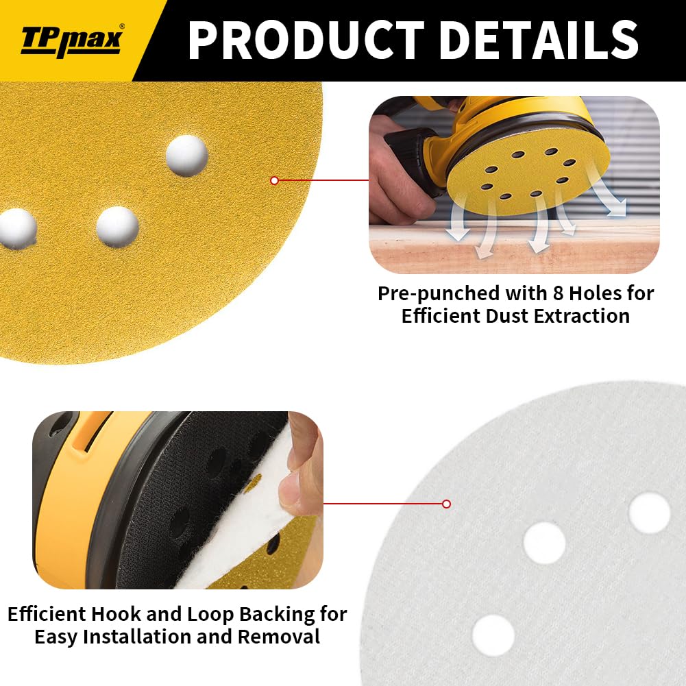 100PCS 5 Inch 400 Grit 125mm 8 Hole Sanding Discs Sandpaper - Premium Gold Round Hook and Loop for Random Orbital Sander - Ideal for Wood, Metal, Automotive