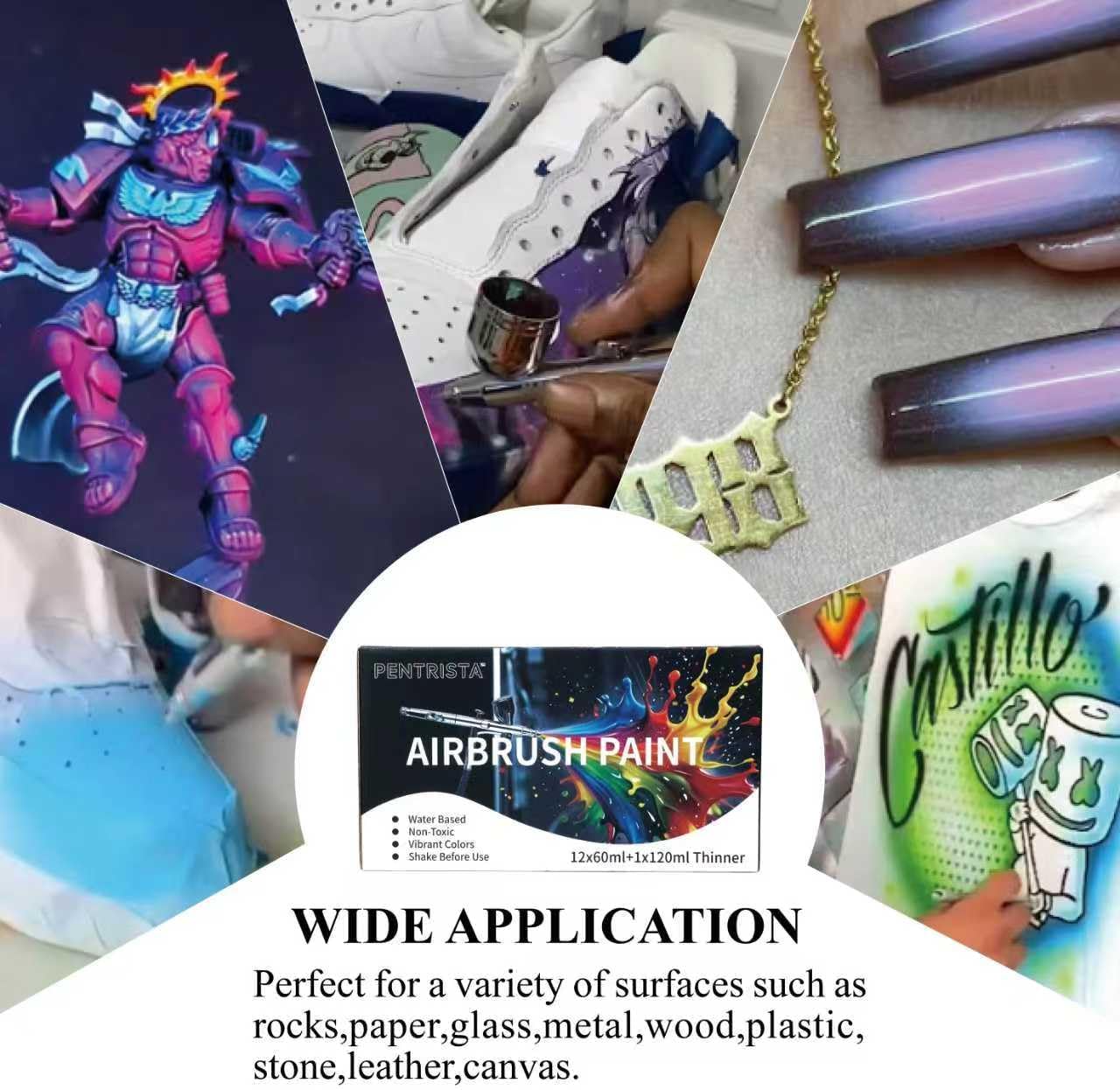 PENTRISTA 36-Color Airbrush Paint Set (60 ml/2.03 oz)with 3 Thinner - Flash Neon & Metallic Air Brush Paints,Lightfast & Water-Resistant Finish Acrylic Airbrush for Beginners,Artists for Models Nails