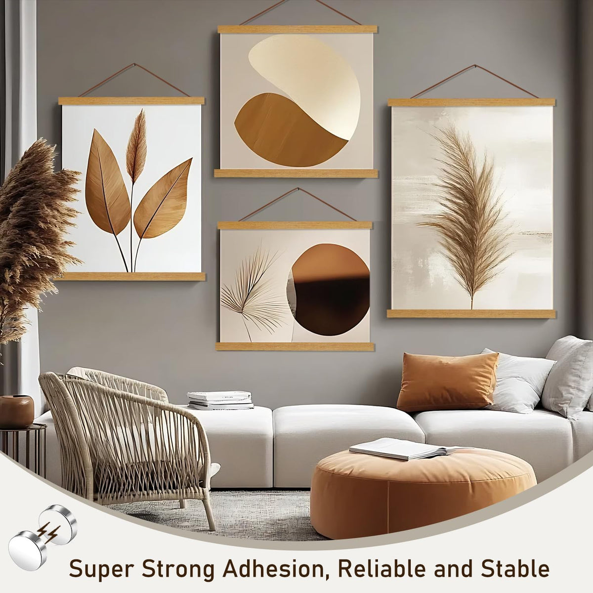 Artmag Magnetic Poster Hanger Frame, 34x22 34x23 34x48 Light Wood Wooden Magnet Canvas Artwork Print Poster Hangers Frames Hanging Kit (Teak Wood, 34")