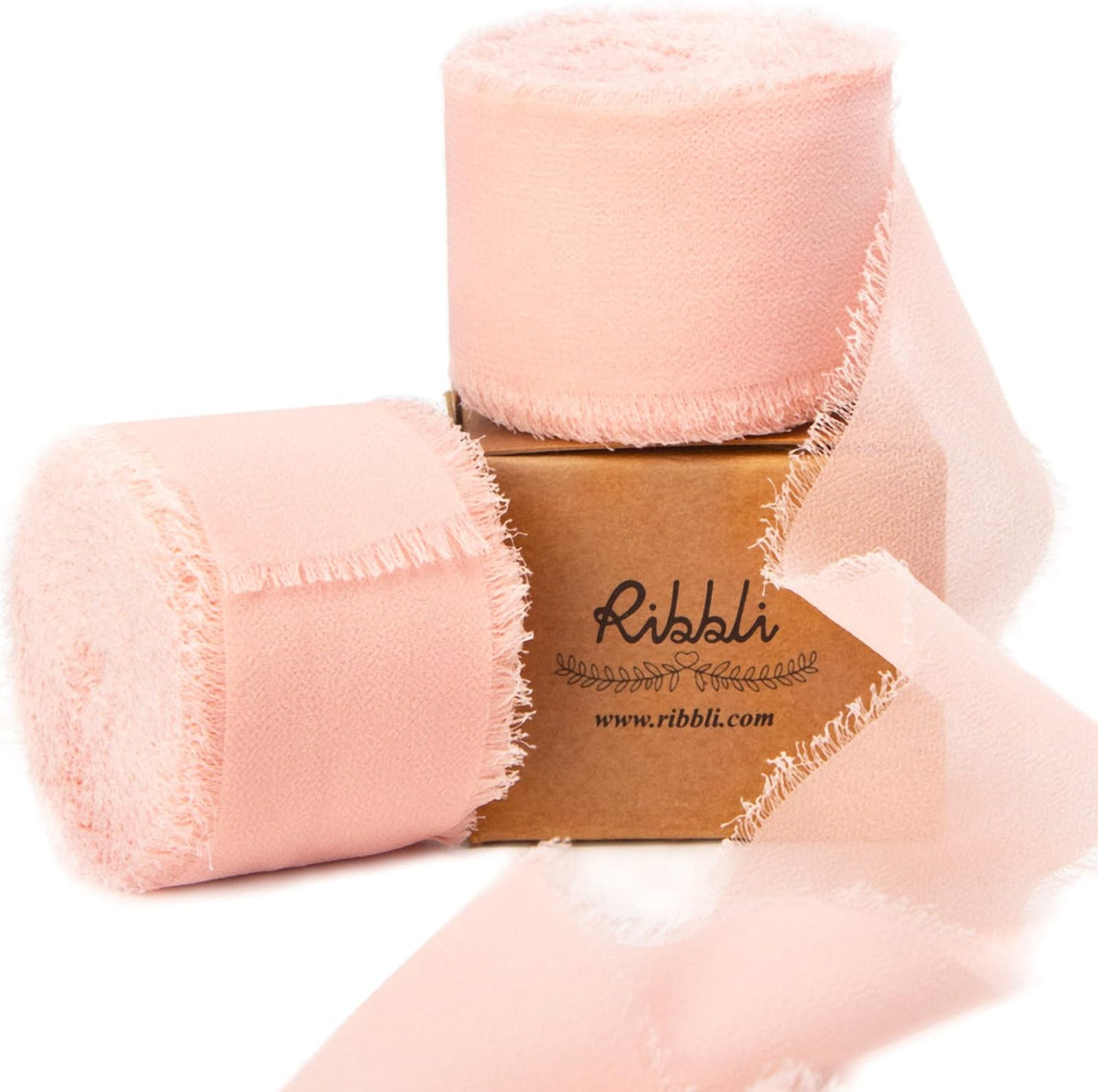 Ribbli Blush Pink Chiffon Ribbon 1-1/2 inch x 20 Yard Handmade Fringe Chiffon Silk Ribbon for Wedding Invitations, Bridal Bouquets Wrapping, Flower Arrangement Decoration