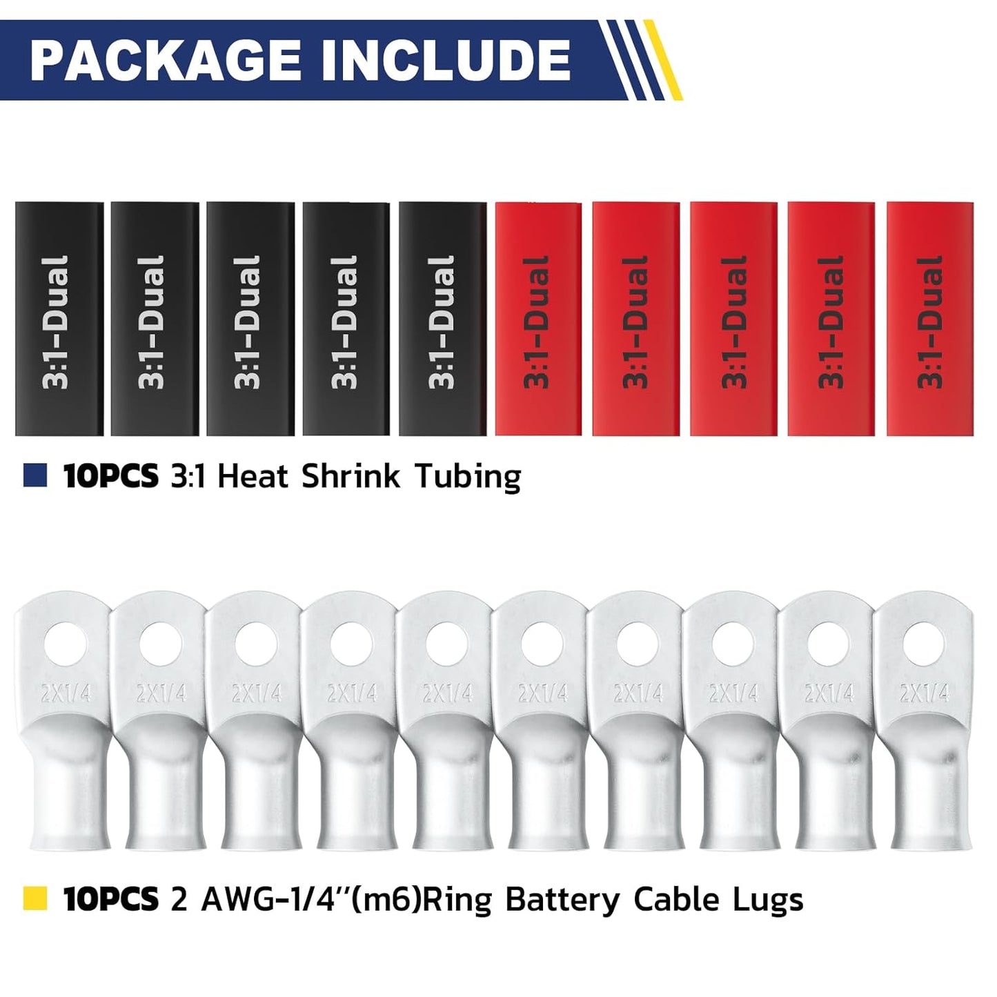 haisstronica 20pcs 2 AWG - 1/4"" (M6) Tinned Copper Battery Lugs, Heavy Duty Copper Wire Lugs with 3:1 Adhesive Heat Shrink Tubing, 2 Gauge Wire Lugs, Tinned Copper Battery Cable Ends, HX1799