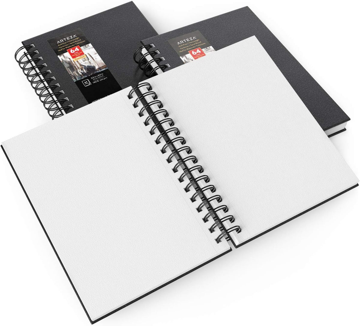 ARTEZA Watercolor Sketchbook Set, 3-Pack, 64 Pages per Book, 5.5 x 8.5 Inches, Black Hardcover Spiral Notebooks, 140-Pound Premium Watercolor Paper for Artists