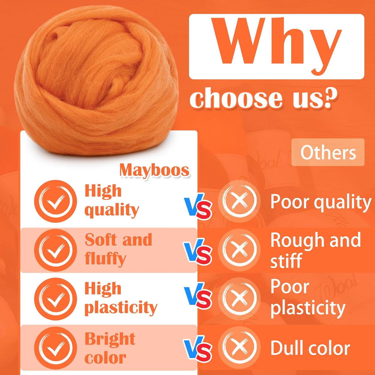 Mayboos Wool Roving Yarn, 1.76oz Colored Natural Wool Roving,Wool Felting Supplies Pure Wool Chunky Yarn for Wet Felting handcrafts and Spinning (Orange Color)