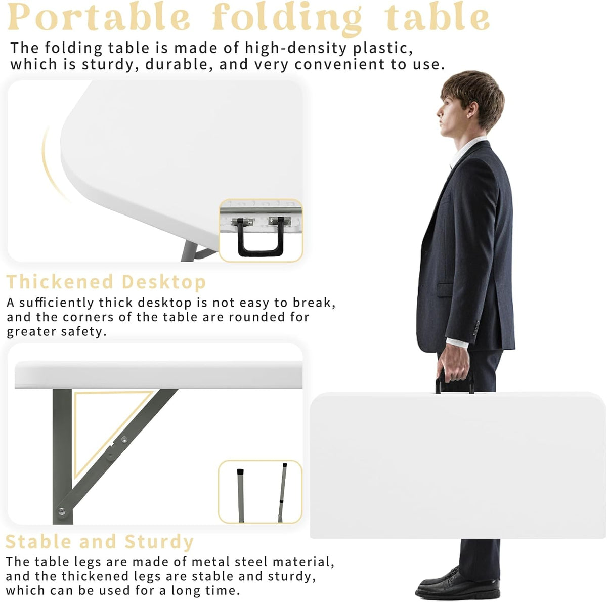 34" Square Folding Table,Multi-Functional Portable Folding Card Table with Carrying Handle for Indoor Outdoor Camping,Picnic, Office, Party Use, HDPE Plastic Tabletop with Metal Frame(White)