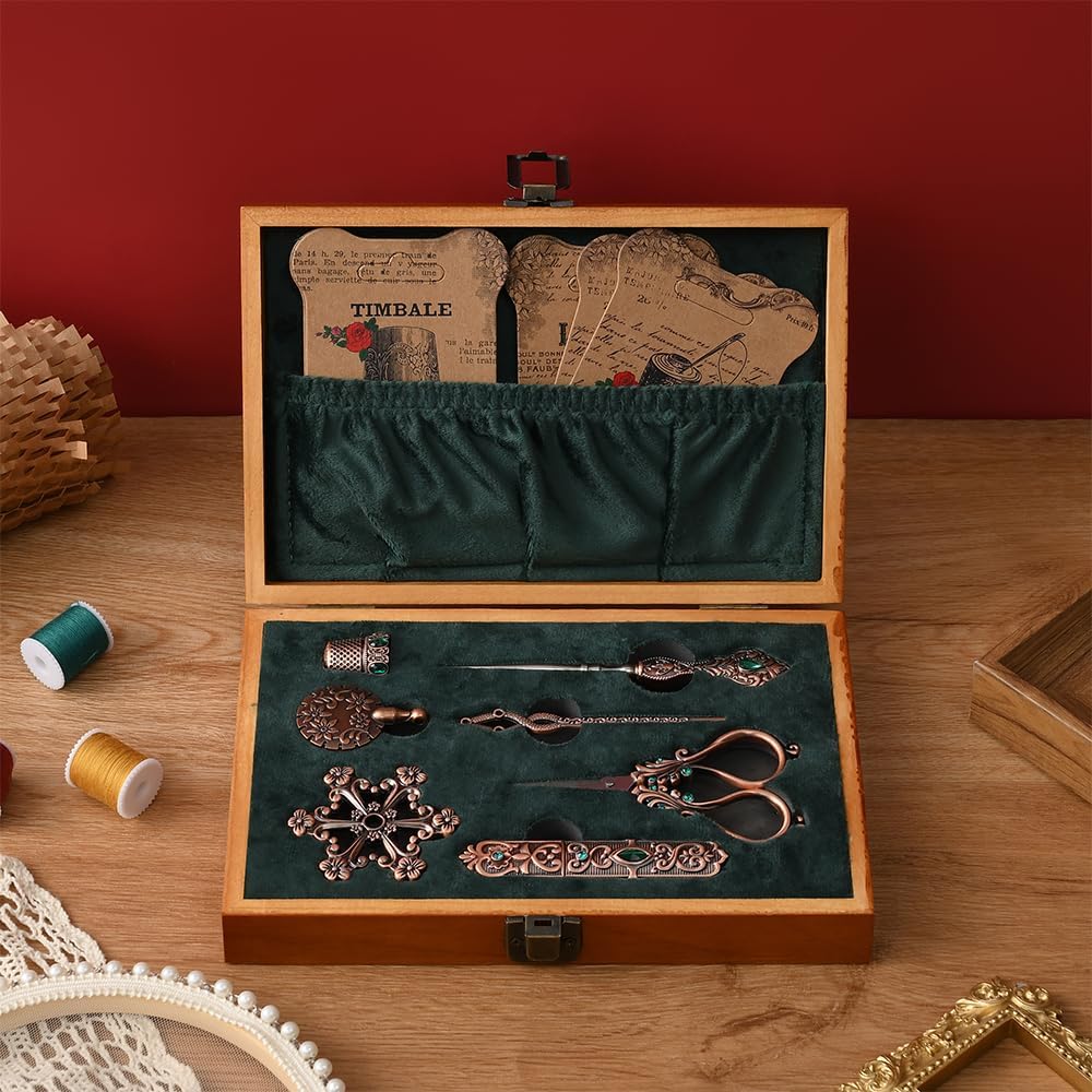 NOTIONSLAND Embroidery Scissor Set, Vintage Supplies, Needle Case, Sewing Awl, Thimble, Floss Board for Needlework, Copper