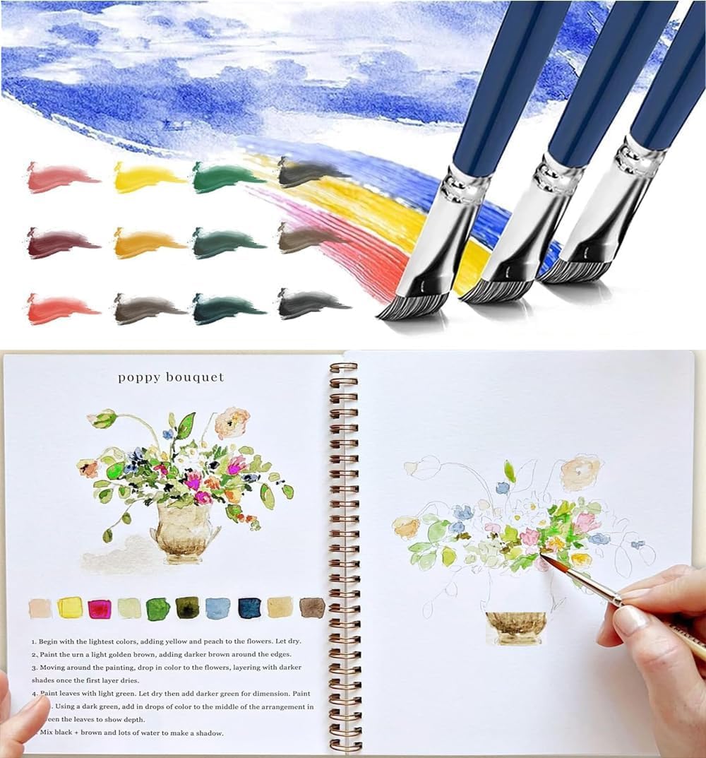Watercolor Workbooks, Beginner Watercolor Painting Kit – 12 Colors Paint Set with Brush
