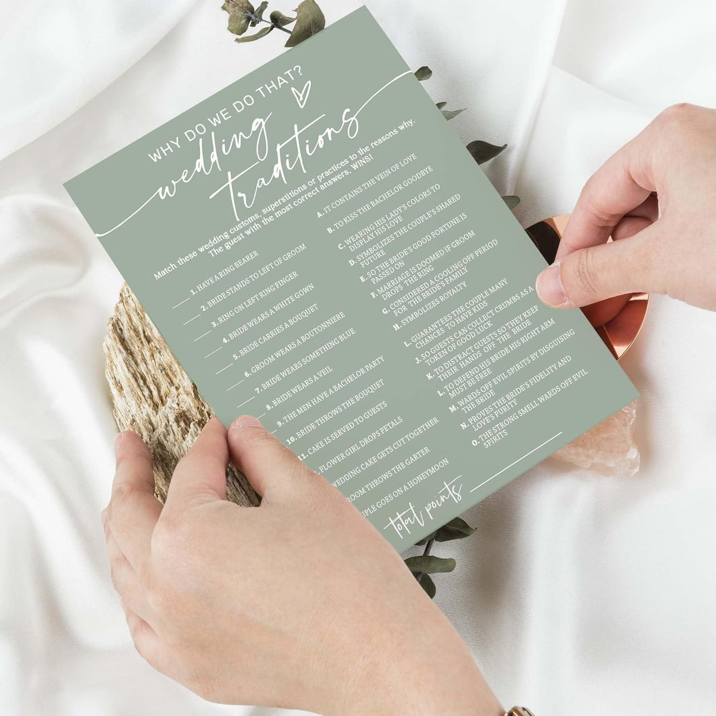 Bridal Shower Games Cards, Wedding Traditions Why Do We Do That, 25 Game Cards with 1 Answer Card, Engagement Party Wedding Games for Guests, Minimalist Green Wedding Party Supplies - C08