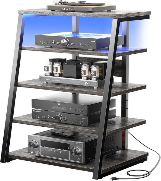 Armocity 5-Tier AV Media Stand with Power Strips, Media Console with LED Lights, Audio Tower Rack with Adjustable Shelves, Stereo Stands and Racks, 40.8'', Grey Oak