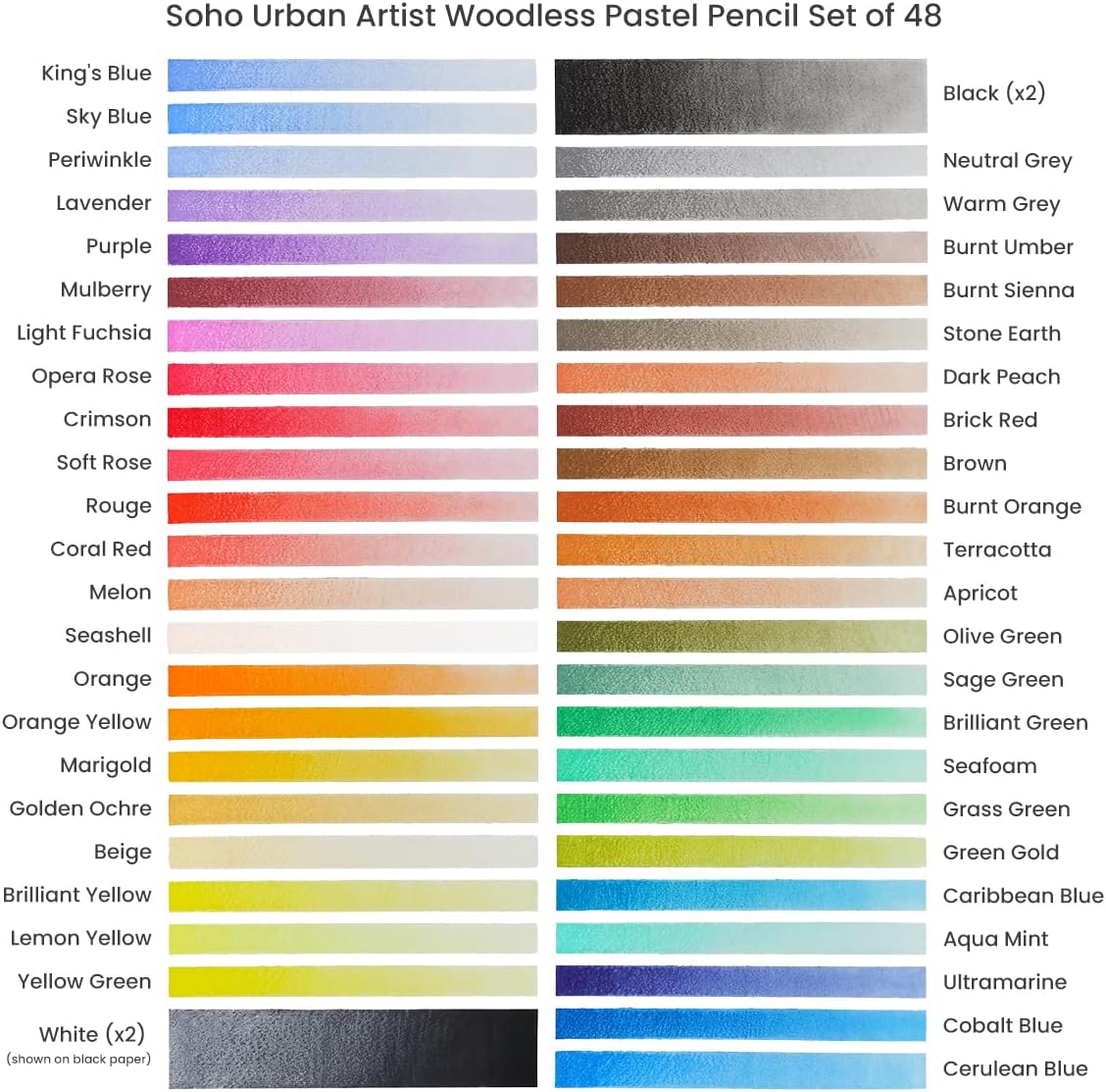 Soho Urban Artist Woodless Pastel Pencils - Set of 48, Professional Artist-Grade, 40% More Pastel, Water-Soluble, Pre-Sharpened, Easy Blending, 6.93mm Barrel, Clear Lacquered