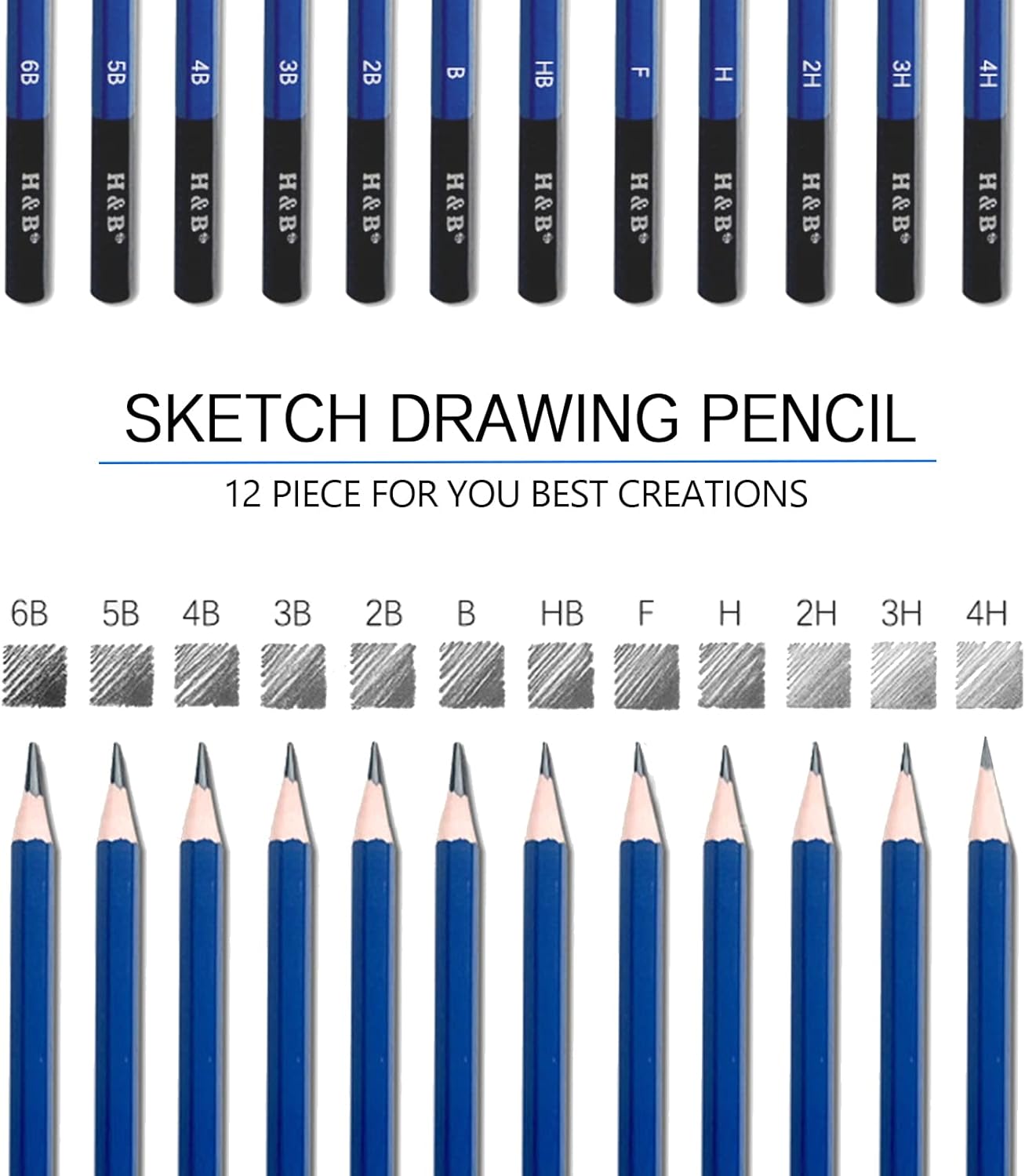 H & B 12 PCS Pencil Drawing Kit, H-4H, F, HB, B-6B Graphite and Charcoal Sketch Pencil Set for Beginners, Professional Artists