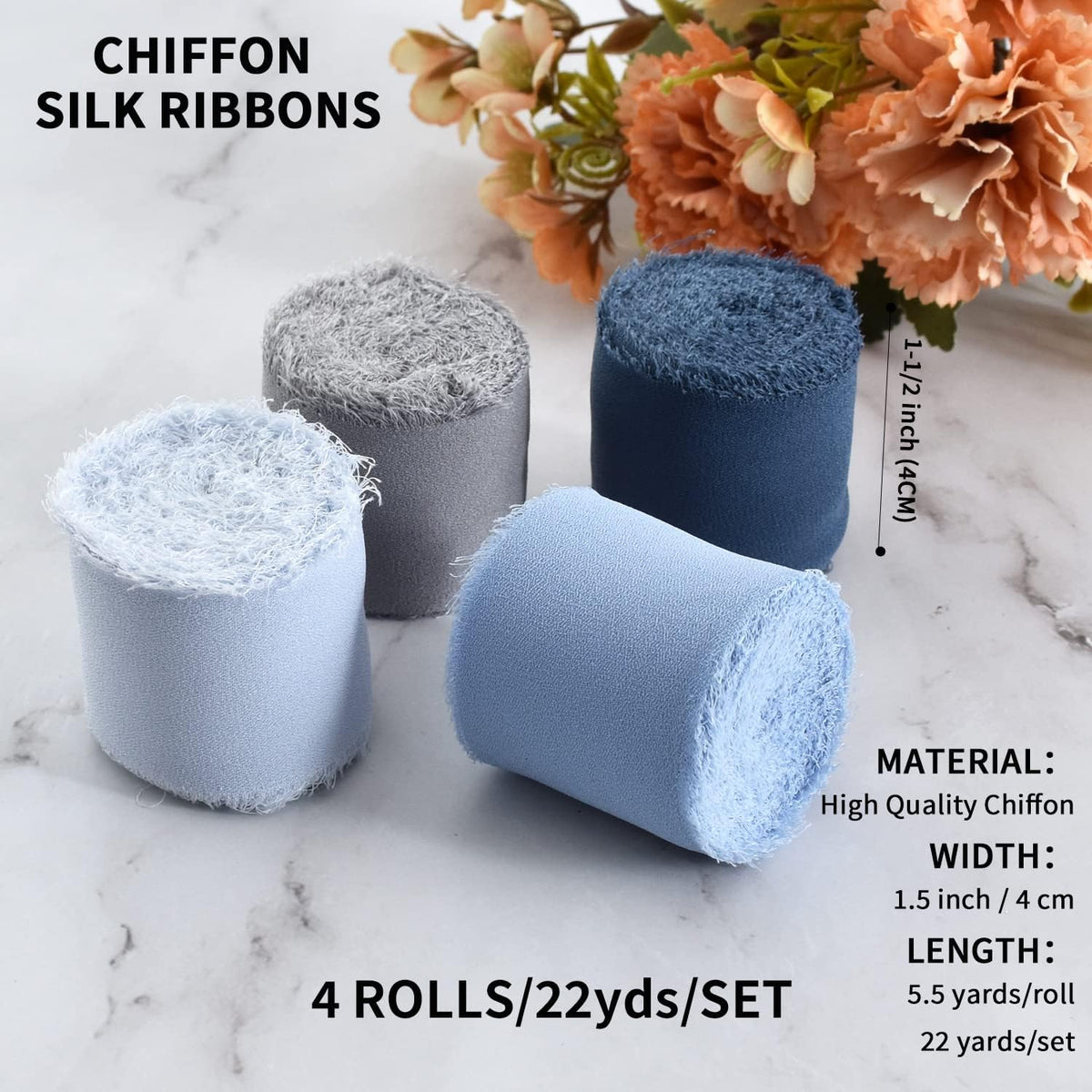 TONIFUL 4 Rolls Silk Chiffon Ribbon, 1-1/2 Inch x 22yds, Dusty Blue Chiffon Ribbons Set, Handmade Fringe Silk Ribbon for Gift Wrapping Bridal Bouquets Wedding Invitations Decoration Crafts