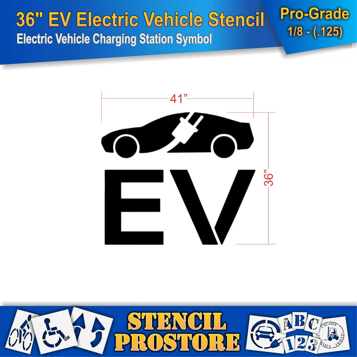 Pavement Stencils - 36 in - Electric Vehicle Silhouette with Plug and EV Letters - 35'' x 41'' x 1/8" (128 mil) - Pro-Grade