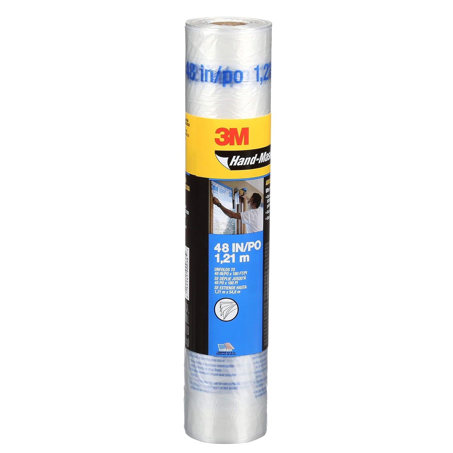 3M Hand Masker Advanced Masking Film, 48 in x 180 ft, Static Cling Keeps Film in Place, Prevents Liquids From Bleeding Through, Flake Resistant, For Indoors & Outdoors Use, 1 Roll (AMF48)