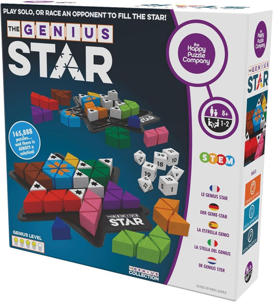 The Happy Puzzle Company The Genius Star | Toy of The Year Award Winning Family Board Game | 165,888 Possible Puzzles | Filling in Colored Shapes | Blockers to Complete A Star | Golden Star Twist