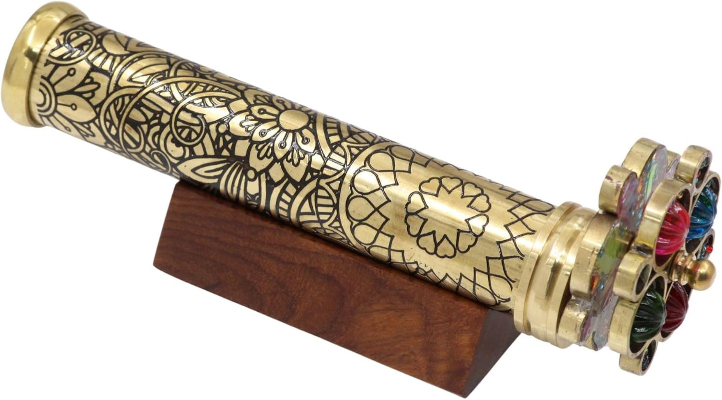 RII Handcrafted Etched Floral Pattern Lacquered Brass Kaleidoscope Includes Two Separate Turning Wheels-Unique Gift Ideas for Someone Special. (7"x1.25")