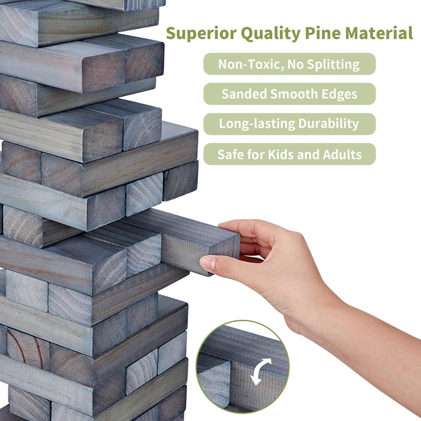 ApudArmis 60 PCS Giant Tumble Tower Stack to 5Ft, Pine Wooden Stacking Timber Game with 1 Dice Set - Classic Block Giant Outdoor Game for Teens Adults Family (Gray)