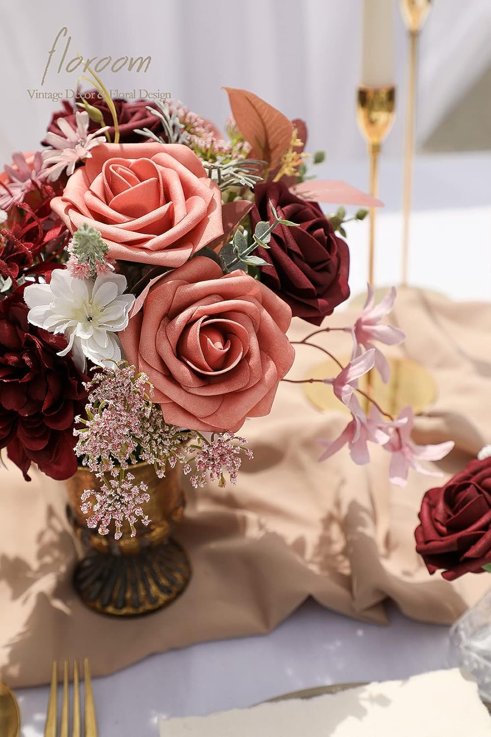 Floroom Artificial Flowers 50pcs Real Looking Burgundy & Pinky Cedar Foam Fake Roses with Stems for DIY Wedding Bouquets Bridal Shower Centerpieces Floral Arrangements Party Tables Home Decorations