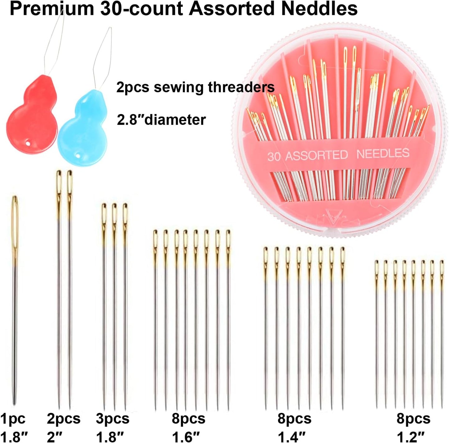 Eketirry Premium Hand Sewing Needles，1 Pack 30-Count Assorted Needles for Sewing Repair, 6 Different Sizes Sewing Needles with 2 Threaders (Pink, 1)