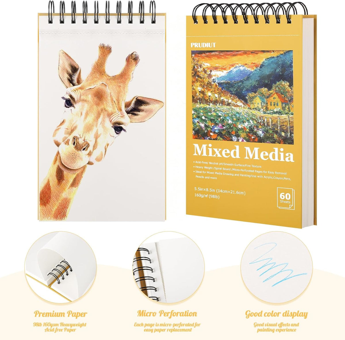 A5 Sketch Book, Mixed Media Sketchbook 60 Sheets, 98lb/160gsm Heavyweight Spiral Artist Sketch Pad for Sketching Drawing, Pastel, Acrylic, Craft, Ideal Gift