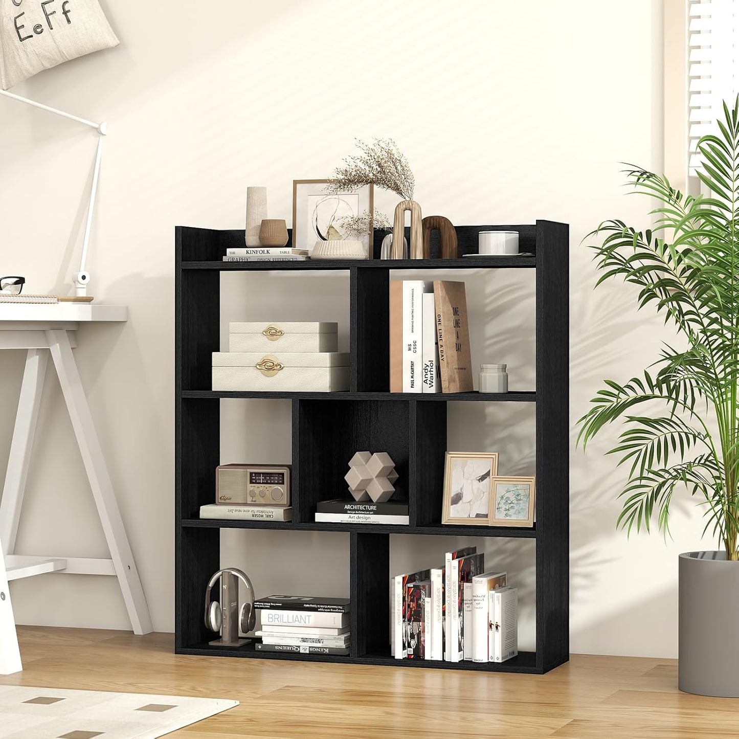 Giantex 7 Cubes Bookshelf, Free-Standing Wooden Bookcase, 4 Tier Home Display Shelf, Horizontal Storage Unit w/Anti-Toppling Devices, Open-Back Display Rack for Study, Living Room (1, Black)