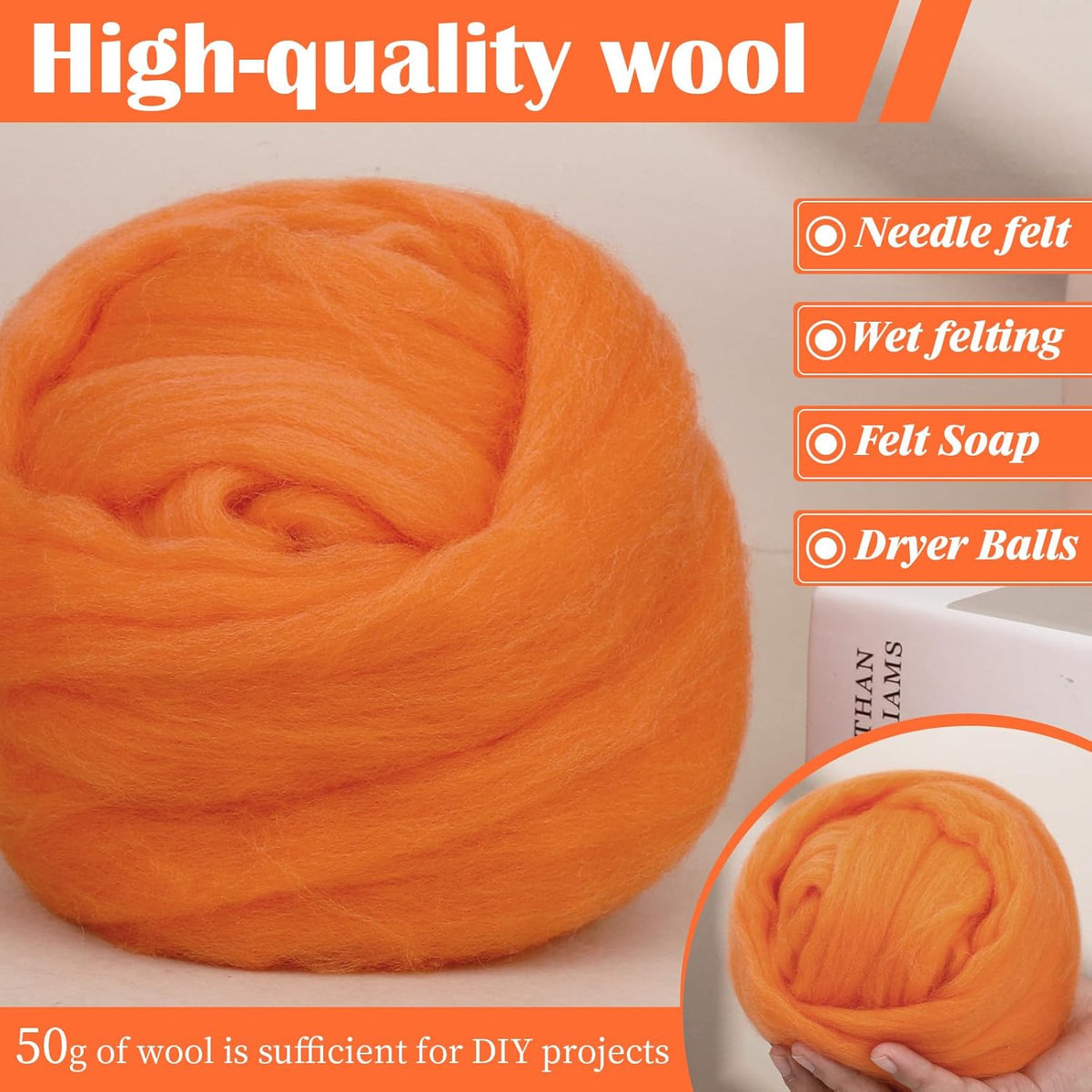 Mayboos Wool Roving Yarn, 1.76oz Colored Natural Wool Roving,Wool Felting Supplies Pure Wool Chunky Yarn for Wet Felting handcrafts and Spinning (Orange Color)