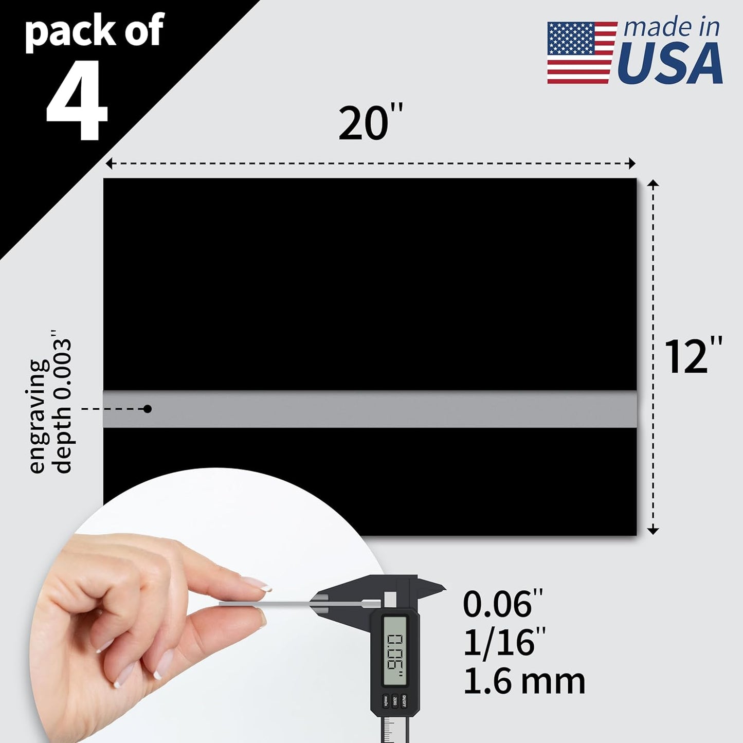 Trotec TroLase | 12"x20"x1/16", 4 Pcs | Black/Silver | 2 Ply | Modified Acrylic | Laser Engraving Double Color Plastic Sheet | Engraving Blanks for Laser, Saw, Guillotine | Made in USA