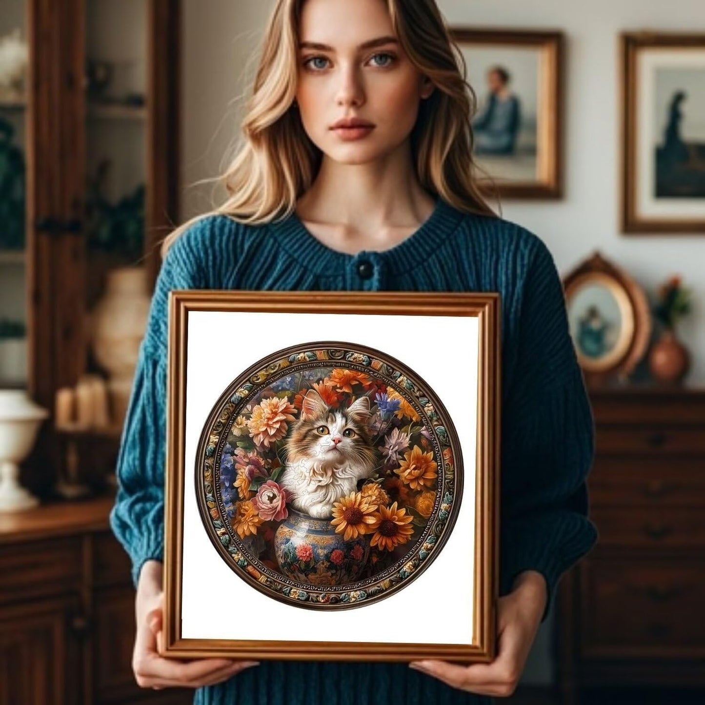Wooden Puzzles Adults, Beautiful Tricolor Cat Wooden Puzzles 100 Pieces, Unique Animal Shaped Wood Challenging Jigsaw Puzzles Gifts for Adults, 8.5x8.5in