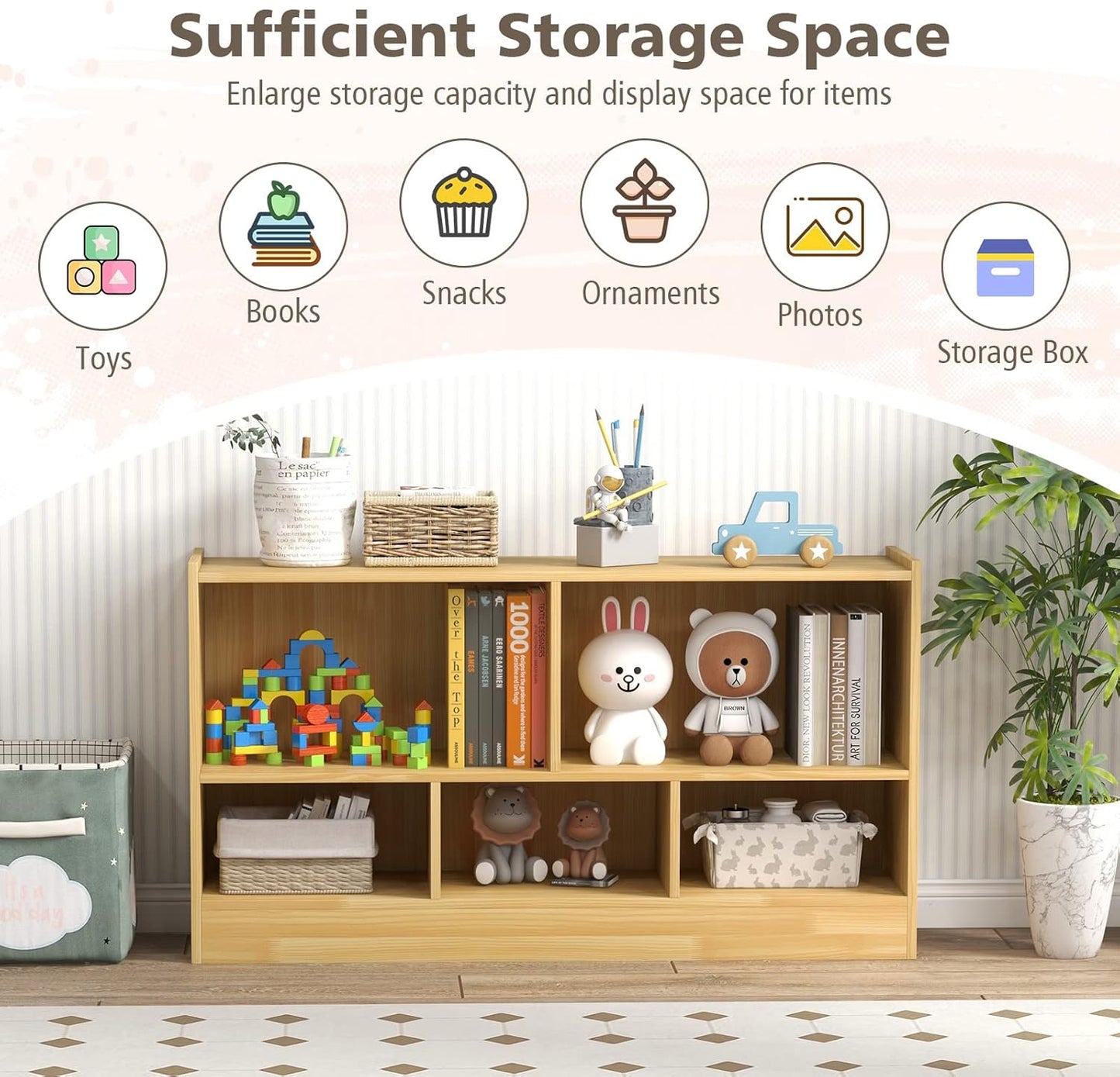 Toy Storage Organizer, 2-Tier Kids Bookshelf, 5 Cube Kids' Bookcases, Cabinets & Shelves, Wooden Toy Organizers, Small Book Shelf for Bedroom, Playroom, Classroom, Nursery (Burlywood)