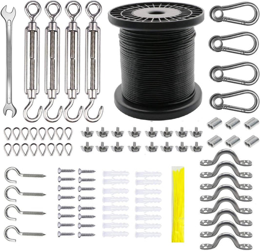 String Lights Hanging Kit,Globe String Lights Suspension Kit,Outdoor Light Guide Wire, 196 FT Nylon Coated Stainless Steel Wire Rope Cable,Turnbuckle and Hooks,Enough Accessories